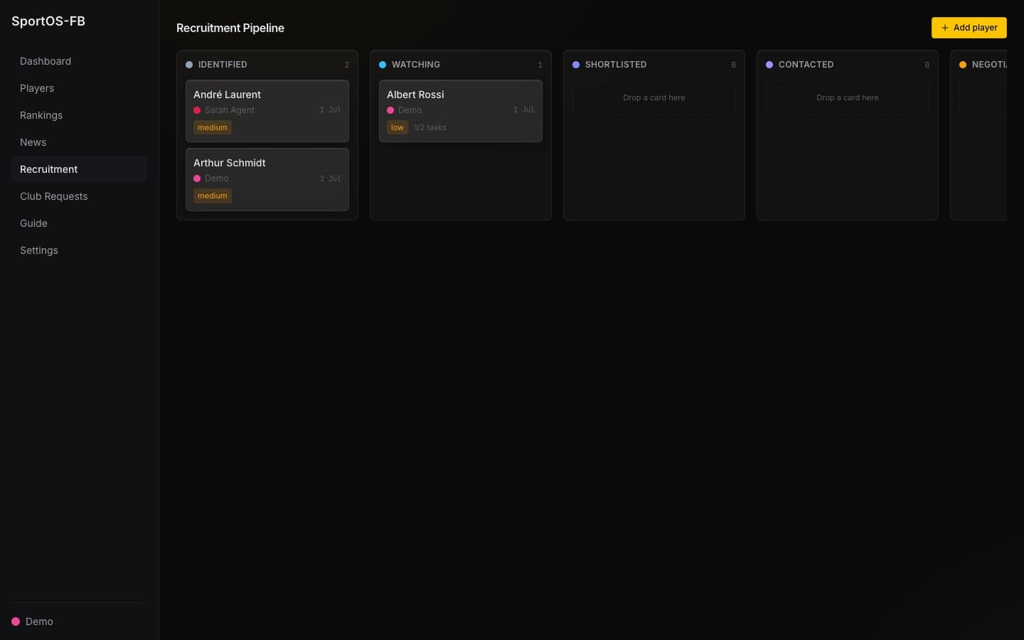 Recruitment pipeline board with draggable player cards